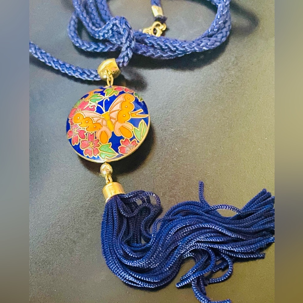 Vintage Cloisonne Butterfly Pendant Tassel Cord Necklace - Picture 3 of 8